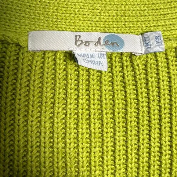 Boden Lime Green Cardigan Size 8 Chunky Knit Wood Button Cotton 3/4 sleeve Boho - Picture 9 of 10